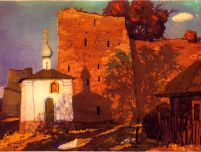 Вечер в Старом Изборске, цветной офорт В.Зорина ,1999, 18 х 25