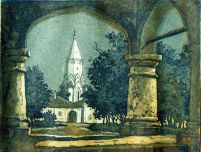 Коломенское ночью, цветной офорт В.Зорина, 1999, 12 х 15